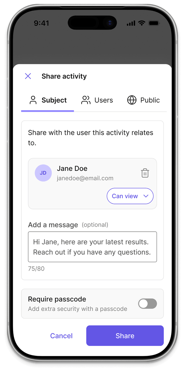 OnEarly mobile app showing the share activity screen
